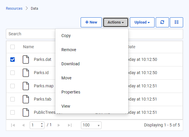 Possible Actions on the Resources page